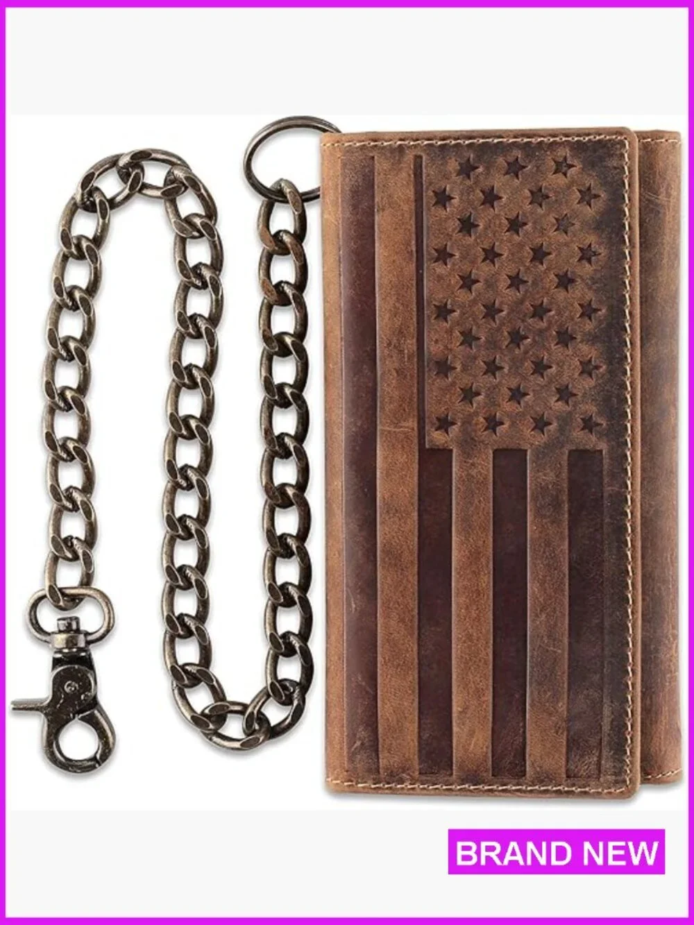 Men's Tri-Fold Leather Wallet RFID Blocking Chain Casual Classic Biker Style